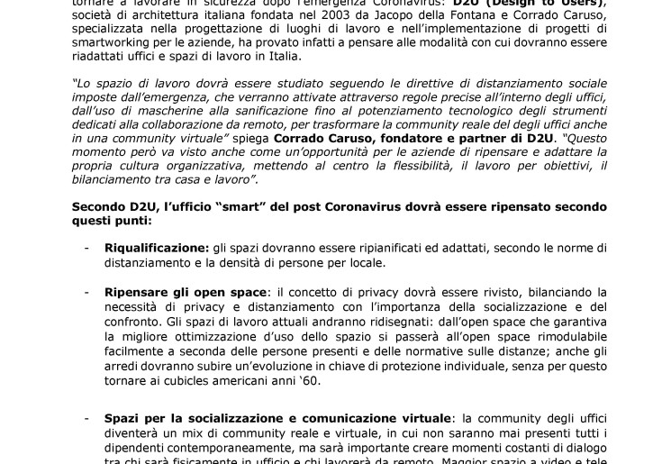 “Physical-smart office”: i nuovi spazi di lavoro dopo il Coronavirus secondo gli architetti di D2U