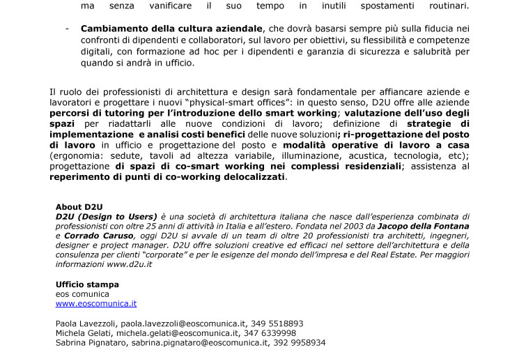 “Physical-smart office”: i nuovi spazi di lavoro dopo il Coronavirus secondo gli architetti di D2U