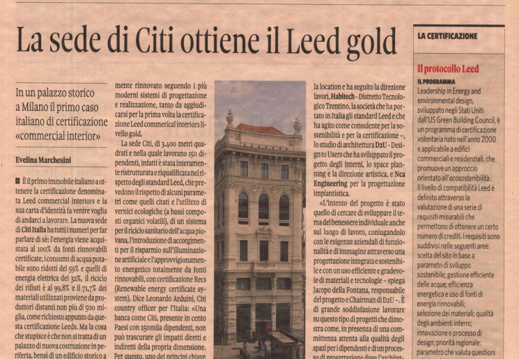 Il Sole 24 Ore - Leed Gold per D2U con la sede CITI