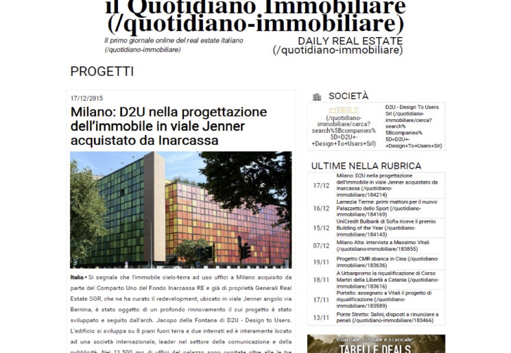 D2U progetta l'immobile di Inarcassa in viale Jenner, Milano
